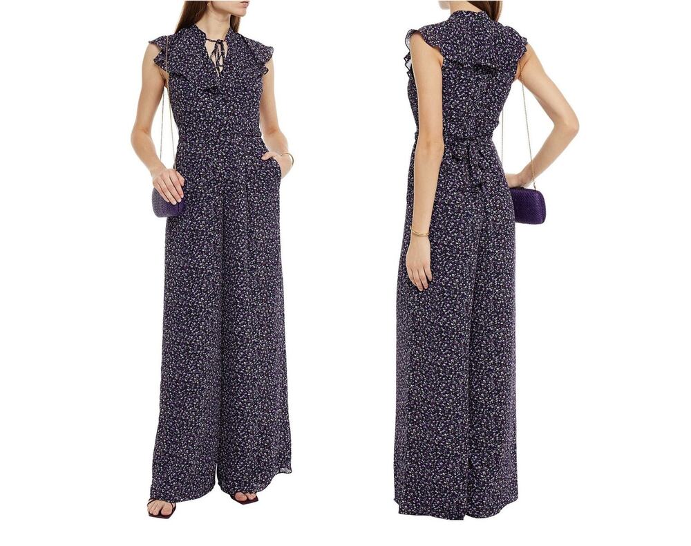 Mikael Aghal Belted Ruffled Floral Jumpsuit in Purple Size 6